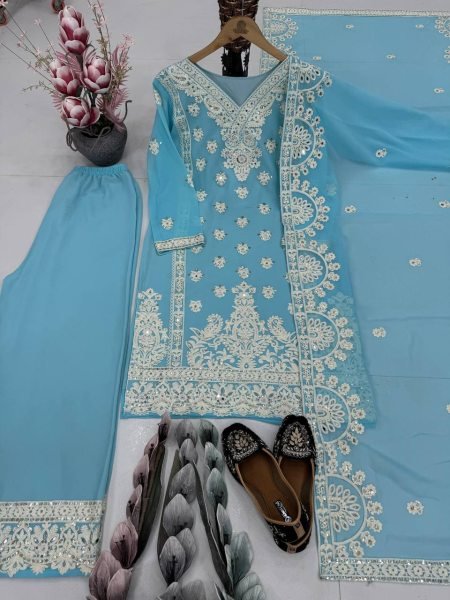 Cool Grace in Sky Blue Georgette Palazzo Set Mirror Work Kurti with Matching Dupatta Embroidery Kurtis 