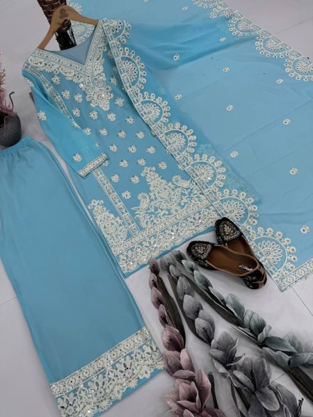 Cool Grace in Sky Blue Georgette Palazzo Set Mirror Work Kurti with Matching Dupatta Embroidery Kurtis 