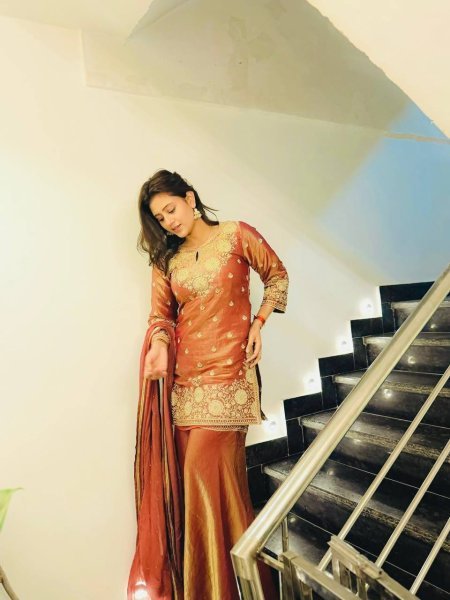 Copper Gold Embroidered Top Sharara Set with Sequins Dupatta for Party and Wedding Wear Ready To Wear Collection