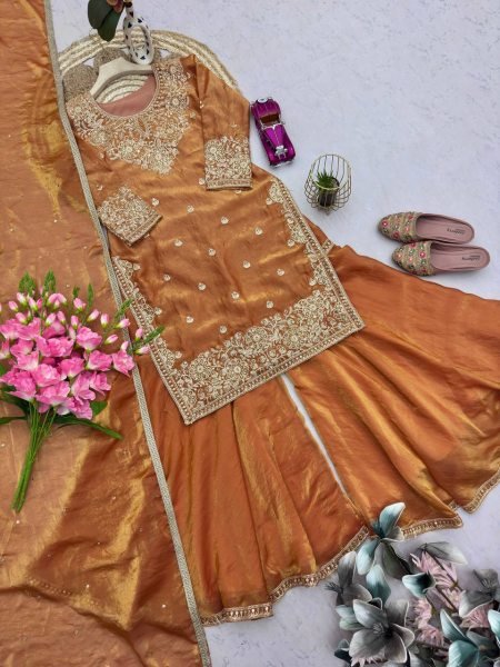 Copper Gold Embroidered Top Sharara Set with Sequins Dupatta for Party and Wedding Wear Ready To Wear Collection