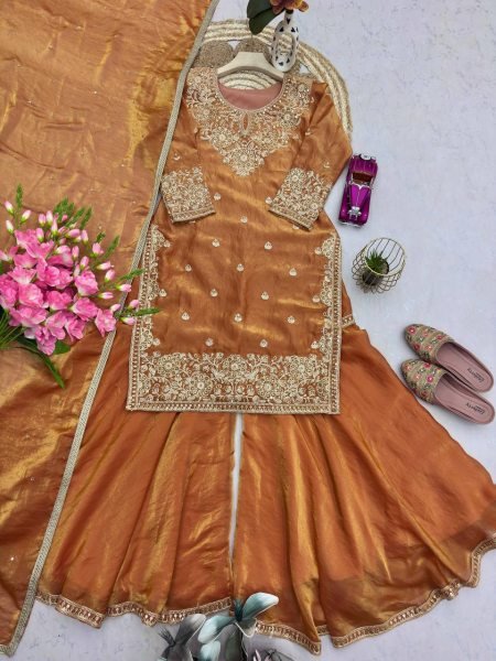 Copper Gold Embroidered Top Sharara Set with Sequins Dupatta for Party and Wedding Wear Ready To Wear Collection