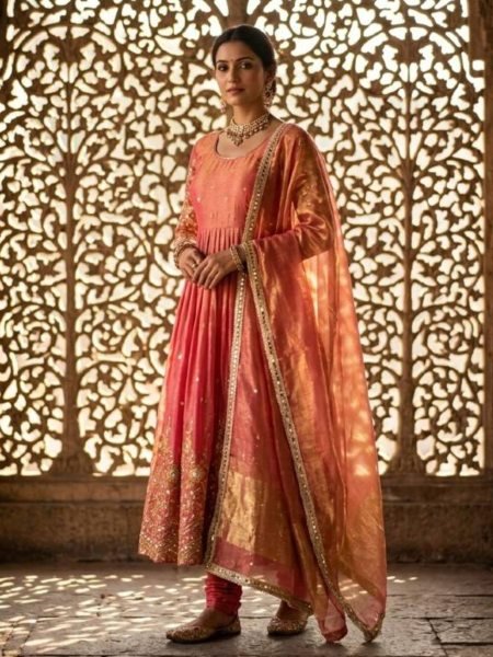 Coral Pink Beauty Pure Fendy Satin Silk Sequence Embroidery Work Gown Set With Palazzo And Dupatta 