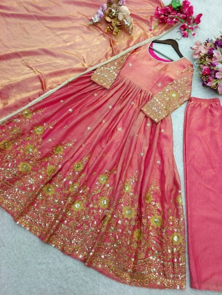 Coral Pink Beauty Pure Fendy Satin Silk Sequence Embroidery Work Gown Set With Palazzo And Dupatta Ready To Wear Collection