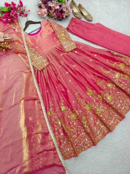Coral Pink Beauty Pure Fendy Satin Silk Sequence Embroidery Work Gown Set With Palazzo And Dupatta Ready To Wear Collection