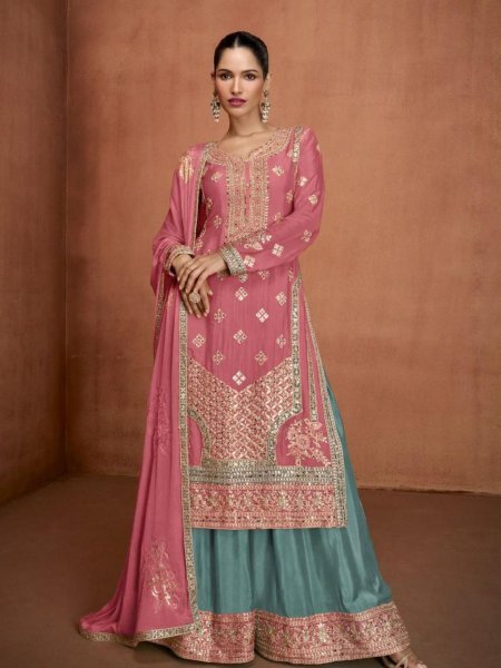 Coral Pink Orange Color Hit Designe Real Chinon Plazzo Suit Collection With Hand Work  Salwar Kameez