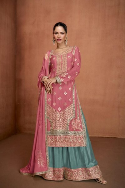 Coral Pink Orange Color Hit Designe Real Chinon Plazzo Suit Collection With Hand Work  Designer Plazzo Salwar Suits Wholesale