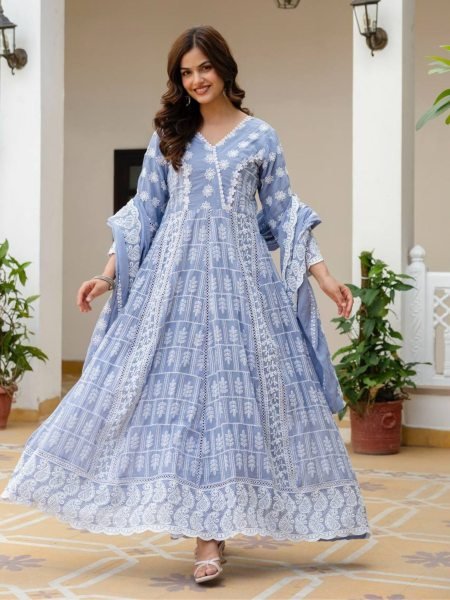 Corporate Collection Mal Cotton Gown lakhnowi Work With Bottom And Dupatta  Ready To Wear Suit