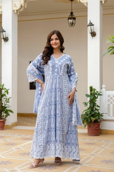 Corporate Collection Mal Cotton Gown lakhnowi Work With Bottom And Dupatta  Ready To Wear Collection