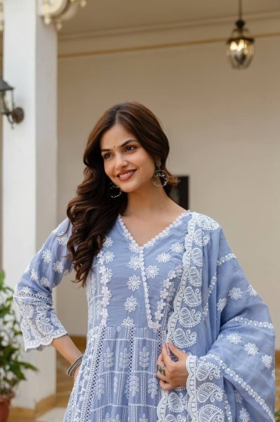 Corporate Collection Mal Cotton Gown lakhnowi Work With Bottom And Dupatta  Ready To Wear Collection