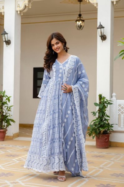 Corporate Collection Mal Cotton Gown lakhnowi Work With Bottom And Dupatta  Ready To Wear Collection