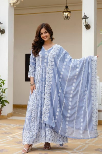 Corporate Collection Mal Cotton Gown lakhnowi Work With Bottom And Dupatta  Ready To Wear Collection