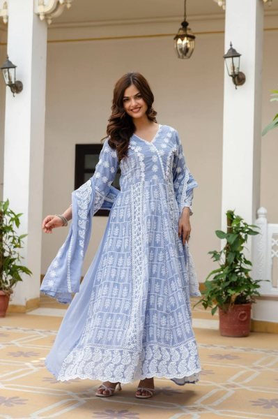 Corporate Collection Mal Cotton Gown lakhnowi Work With Bottom And Dupatta  Ready To Wear Collection