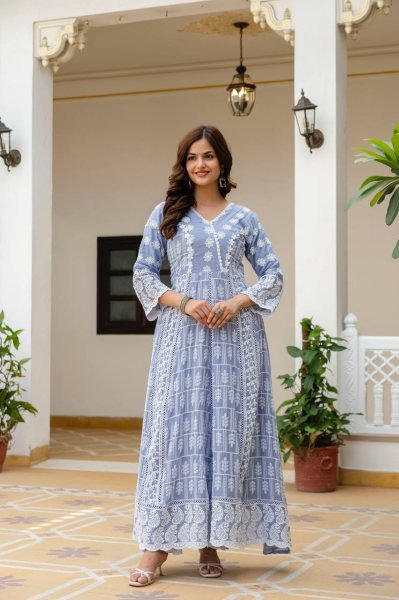 Corporate Collection Mal Cotton Gown lakhnowi Work With Bottom And Dupatta  Ready To Wear Collection