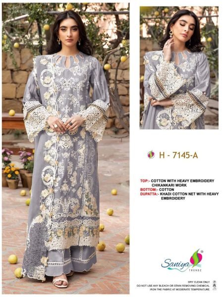 Cotton Chikankari Embroidered Pakistani Unstitched Suits by Saniya Trendz 7145 Pakistani Suits Wholesale