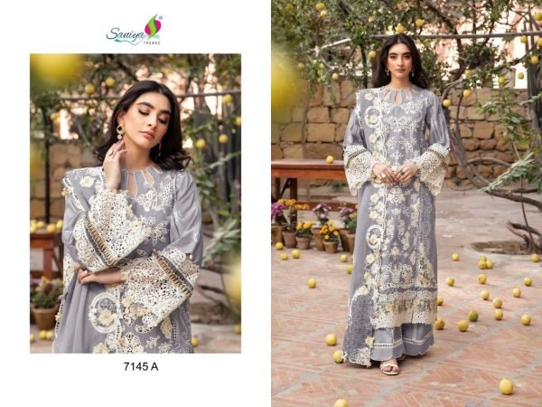 Cotton Chikankari Embroidered Pakistani Unstitched Suits by Saniya Trendz 7145 Pakistani Suits Wholesale