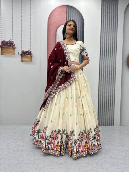 Cotton Embroidery Chain Work Lehenga Set with Stylish Dupatta Wedding Party Wear Wholesale Offers Available Now Designer Lehenga Choli