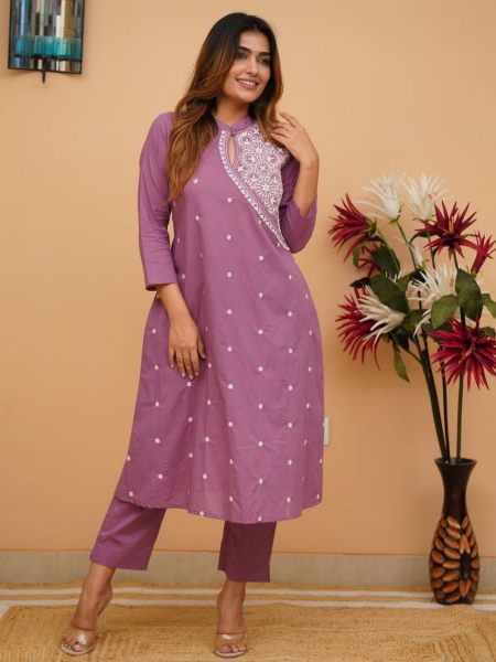 Womens Cotton Kurta With Thread Embroidery With Pant 