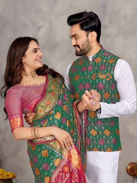 Couple Combo of Mens Kurta Pajama with Koti and Womens Jacquard Silk Saree Ideal for Dealers Couple Combo collection 