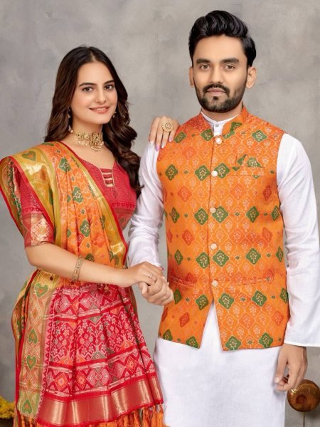 Orange Couple Combo Set Mens Cotton Kurta with Jacquard Silk Koti   Womens Jacquard Silk Saree at Reseller Best Offer  Couple Combo collection 