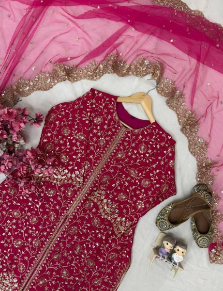 Couture Chinnon Silk Sequins   Zari Embroidered Kurti Plazzo Set with Soft Net Dupatta for Wedding Wear Ready To Wear Collection