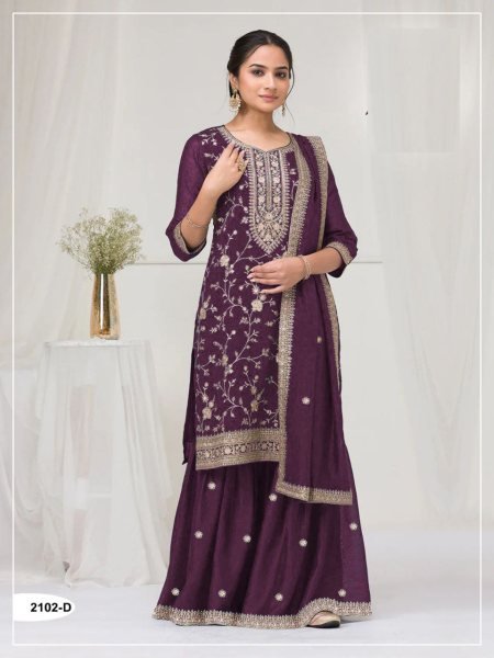 Couture Purple Semi Stitch Embroidery Plazzo Suit with Matching Dupatta for Boutiques Buyers Designer Plazzo Salwar Suits Wholesale