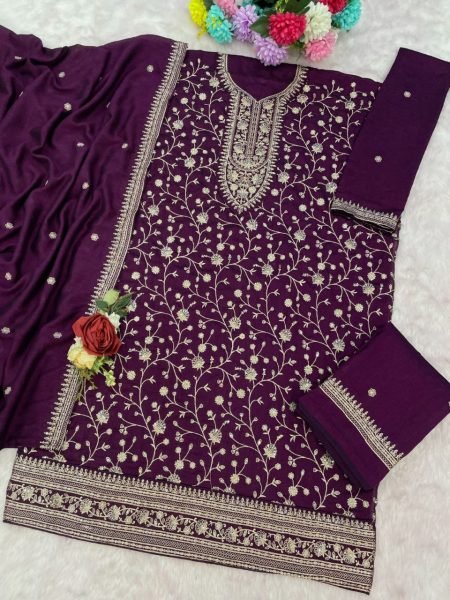 Couture Purple Semi Stitch Embroidery Plazzo Suit with Matching Dupatta for Boutiques Buyers Designer Plazzo Salwar Suits Wholesale