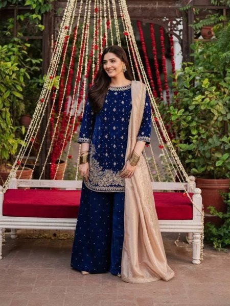 Cozy Blue Fully Stitched Velvet Suit Pant with Organza Dupatta At Wholesale rate for Exporters  