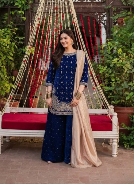 Cozy Blue Fully Stitched Velvet Suit Pant with Organza Dupatta At Wholesale rate for Exporters   Ready To Wear Collection