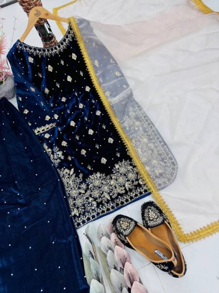 Cozy Blue Fully Stitched Velvet Suit Pant with Organza Dupatta At Wholesale rate for Exporters   Ready To Wear Collection