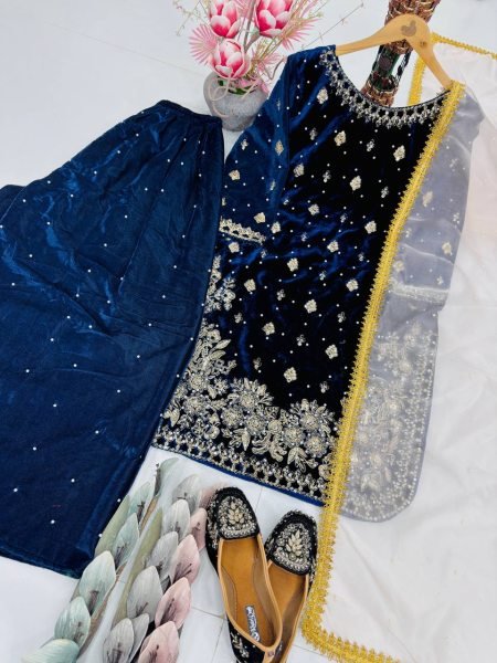Cozy Blue Fully Stitched Velvet Suit Pant with Organza Dupatta At Wholesale rate for Exporters   Ready To Wear Collection