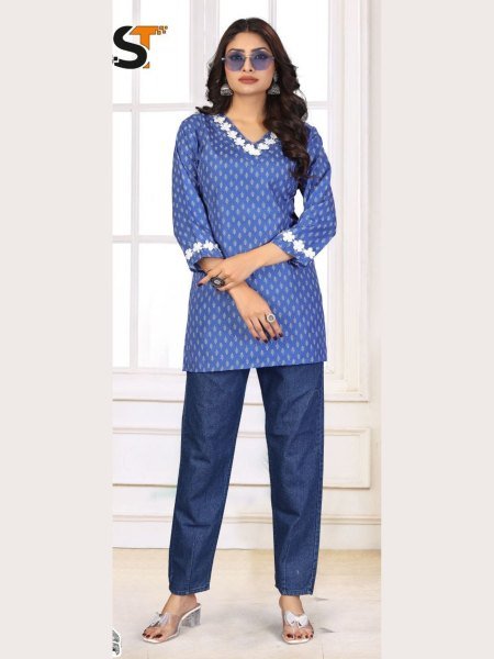 Cozy Blue Printed Cotton Top with Stylish Lace Work for Reseller  Tunics kurti