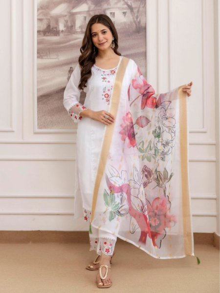 Cozy Chanderi Kurti Set Paired with Matching Pant and Digital Print Orgenza Dupatta at Manufacturer Rate 3 Piece Kurti Set