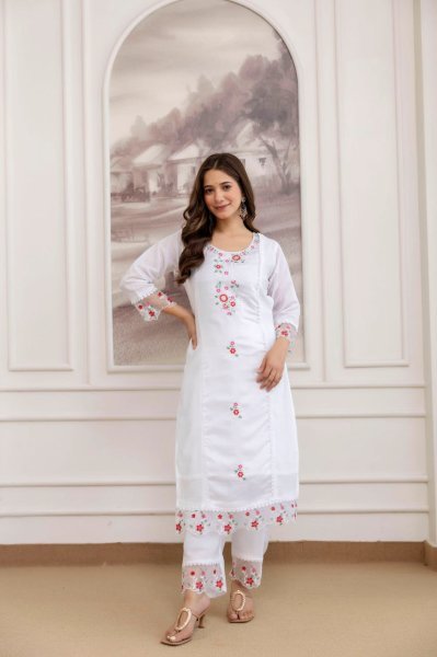 Cozy Chanderi Kurti Set Paired with Matching Pant and Digital Print Orgenza Dupatta at Manufacturer Rate  Straight Cut Long Kurtis