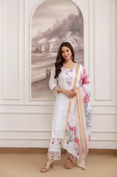 Cozy Chanderi Kurti Set Paired with Matching Pant and Digital Print Orgenza Dupatta at Manufacturer Rate  Straight Cut Long Kurtis