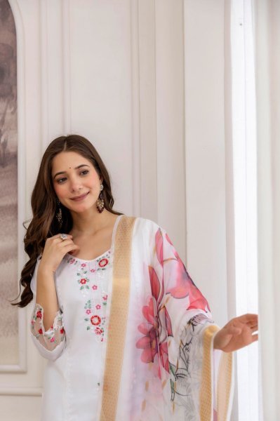 Cozy Chanderi Kurti Set Paired with Matching Pant and Digital Print Orgenza Dupatta at Manufacturer Rate  Straight Cut Long Kurtis