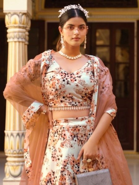 Cream and Brown Crushed Silk Floral Lehenga with Sequined Net Dupatta  Lehenga