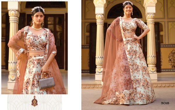 Cream and Brown Crushed Silk Floral Lehenga with Sequined Net Dupatta Designer Lehenga Choli