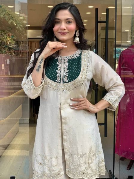 Cream and Green Kurta Palazzo Set for Women Festive Outfit with Diwali Discount Offer Kurti With Bottom Wholesale