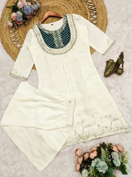 Cream and Green Kurta Palazzo Set for Women Festive Outfit with Diwali Discount Offer Kurti With Bottom Wholesale