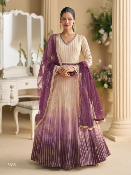 Cream And Purple Ombre Georgette Chikankari Anarkali Gown with Net Dupatta 