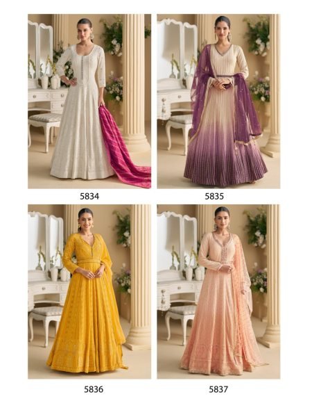 Cream And Purple Ombre Georgette Chikankari Anarkali Gown with Net Dupatta Anarakali Gown Wholesale