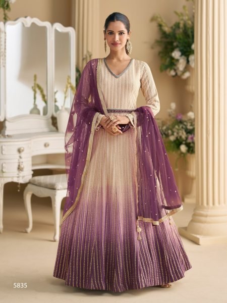 Cream And Purple Ombre Georgette Chikankari Anarkali Gown with Net Dupatta Anarakali Gown Wholesale