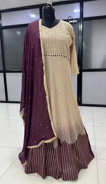 Cream And Purple Ombre Georgette Chikankari Anarkali Gown with Net Dupatta Anarakali Gown Wholesale