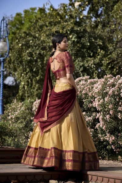 Cream Banarasi Art Silk Lehenga with Zari Patterns and Georgette Lace Dupatta Half Saree Lehenga