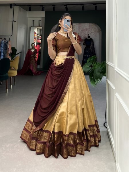 Cream Banarasi Art Silk Lehenga with Zari Patterns and Georgette Lace Dupatta Half Saree Lehenga