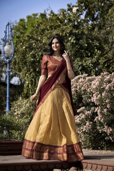 Cream Banarasi Art Silk Lehenga with Zari Patterns and Georgette Lace Dupatta Half Saree Lehenga