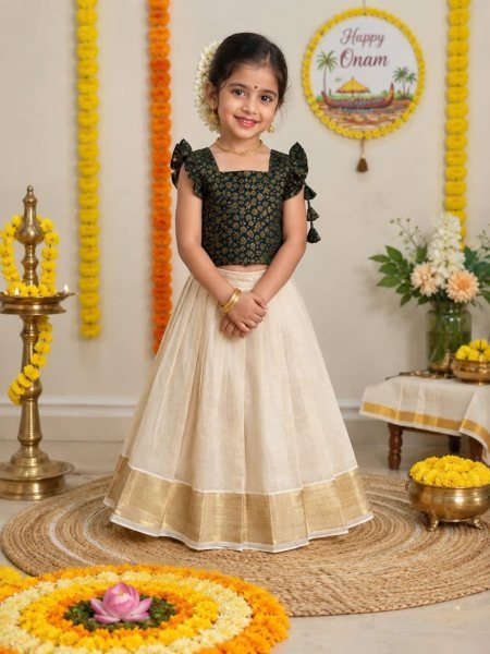 Cream Black Kids Kerala Tissue Silk Lehenga Choli for Onam Festival and Traditional Wear 