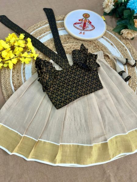 Cream Black Kids Kerala Tissue Silk Lehenga Choli for Onam Festival and Traditional Wear Girls Wear