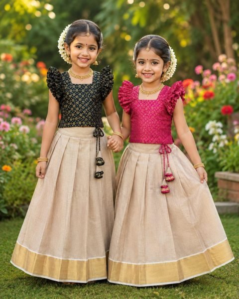 Cream Black Kids Kerala Tissue Silk Lehenga Choli for Onam Festival and Traditional Wear Girls Wear
