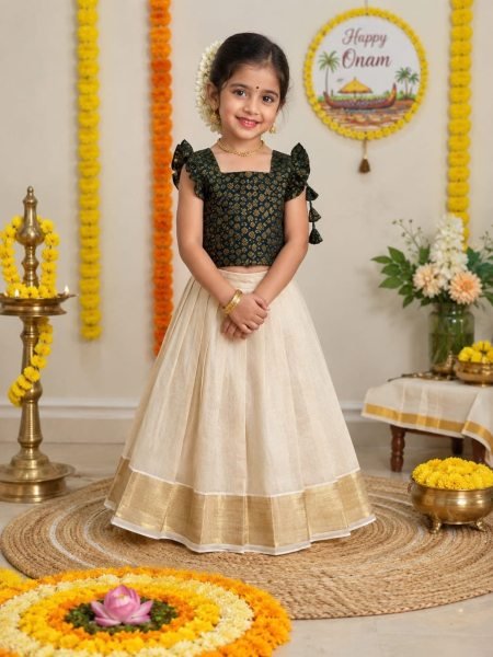 Cream Black Kids Kerala Tissue Silk Lehenga Choli for Onam Festival and Traditional Wear Girls Wear